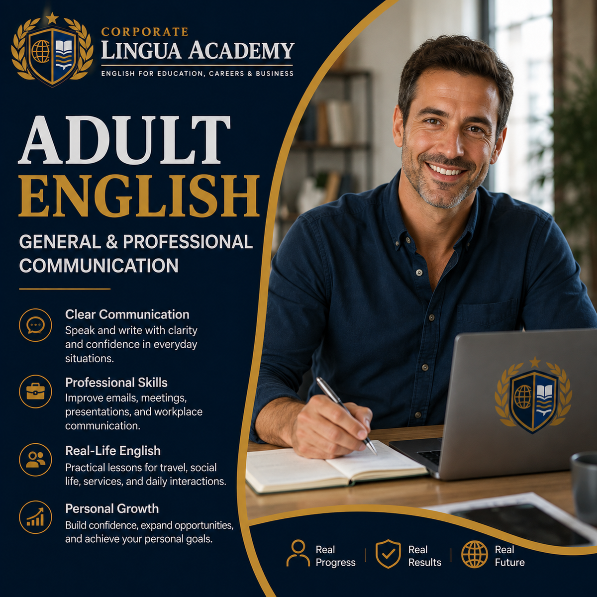 Adult learner building practical English communication
