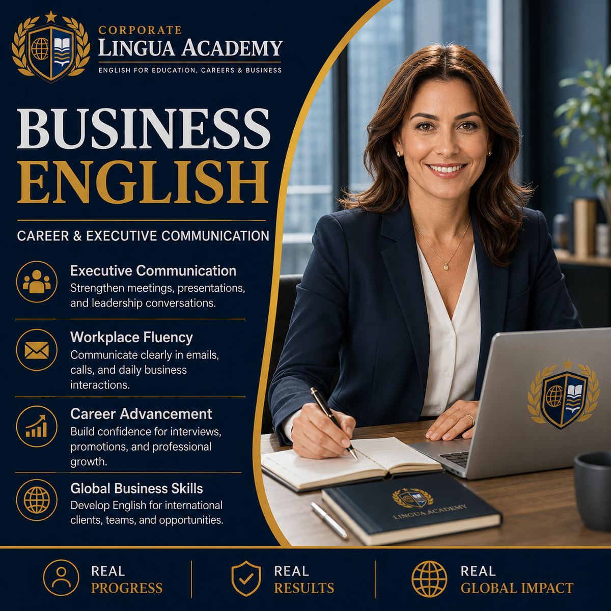 Business professional developing executive English communication