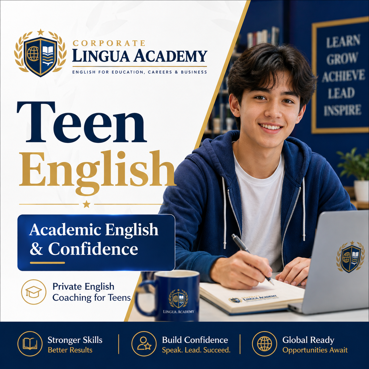 Teen student participating in private online English learning